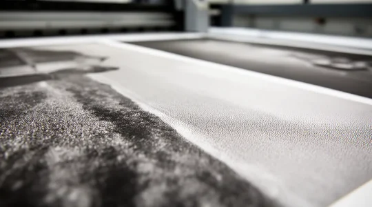 Vue macro d'une impression photographique grand format en cours d'analyse, montrant la texture du papier et les pixels