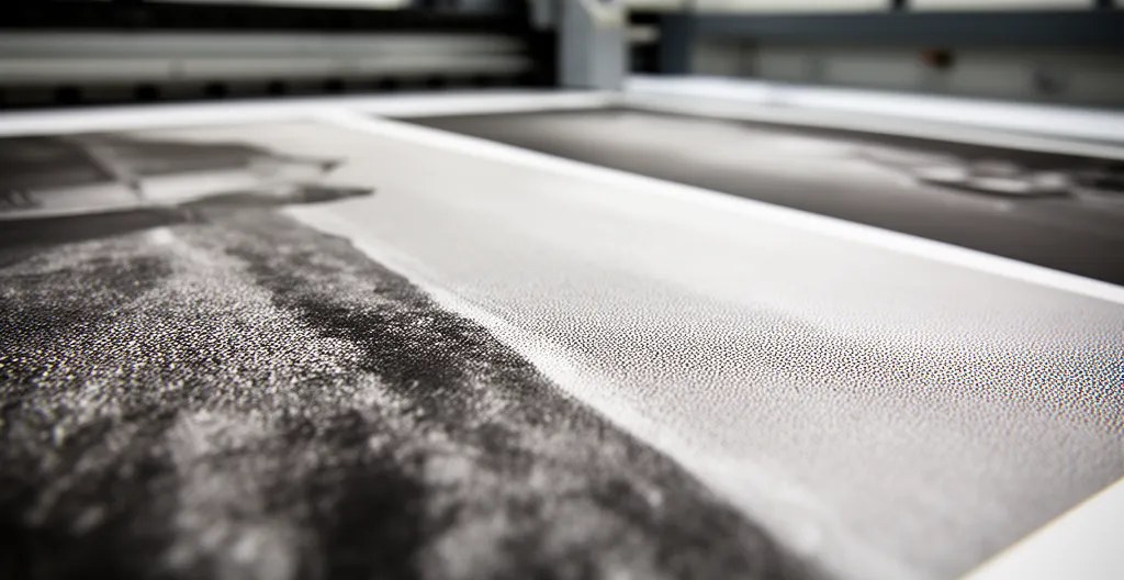 Vue macro d'une impression photographique grand format en cours d'analyse, montrant la texture du papier et les pixels