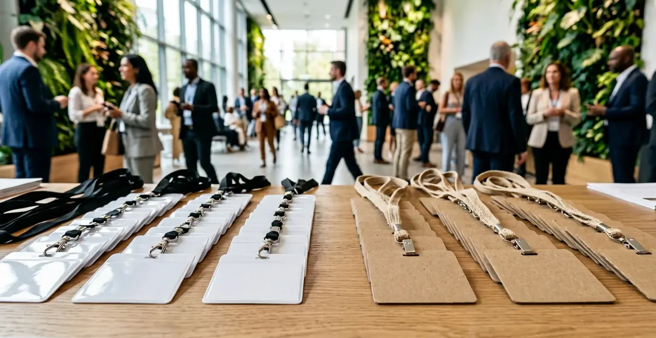 Comparaison visuelle de badges PVC et carton sur une table d'événement professionnel avec cordons et plantes vertes