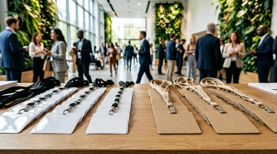 Comparaison visuelle de badges PVC et carton sur une table d'événement professionnel avec cordons et plantes vertes