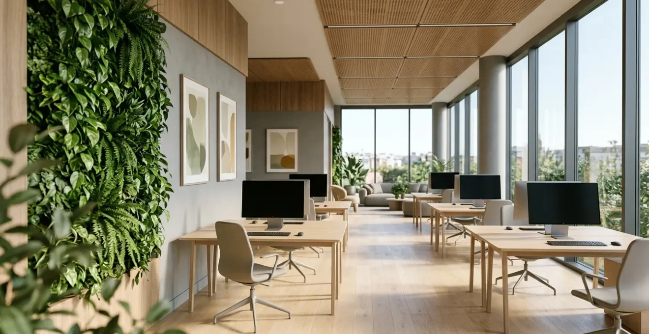 Espace de bureau moderne avec mur végétal et œuvres d'art apaisantes créant une ambiance zen