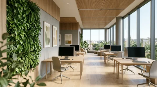 Espace de bureau moderne avec mur végétal et œuvres d'art apaisantes créant une ambiance zen