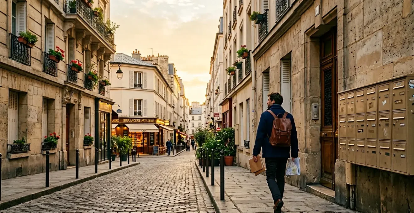Distribution de prospectus dans une rue commerçante française avec des boîtes aux lettres et une personne souriante