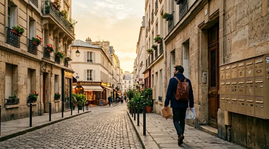 Distribution de prospectus dans une rue commerçante française avec des boîtes aux lettres et une personne souriante