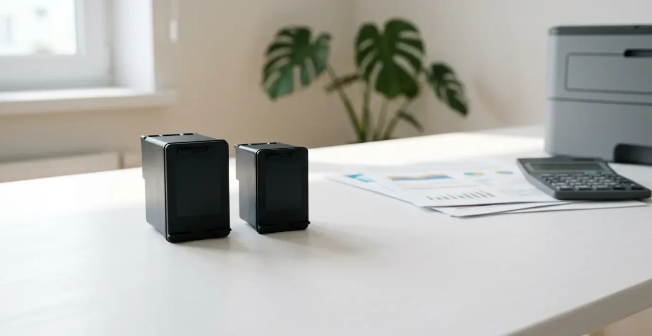 Vue en gros plan de deux cartouches d'encre côte à côte sur un bureau moderne, l'une plus grande que l'autre, avec calculatrice et documents flous en arrière-plan