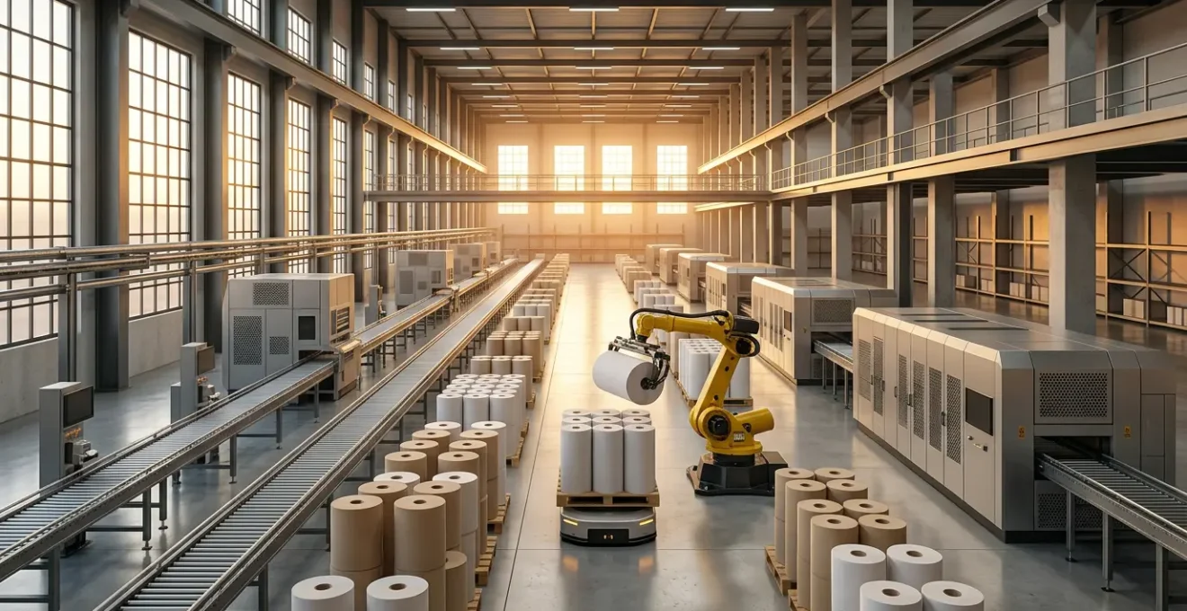 Vue futuriste d'un centre d'impression intégrant technologies numériques et chaîne logistique automatisée