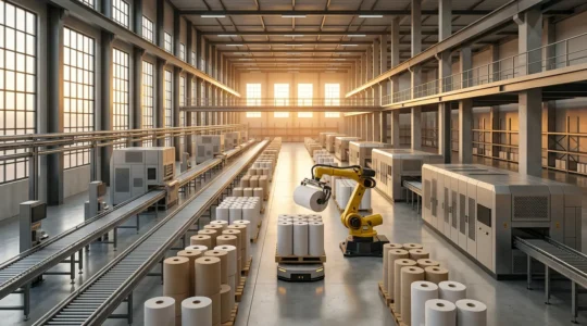 Vue futuriste d'un centre d'impression intégrant technologies numériques et chaîne logistique automatisée