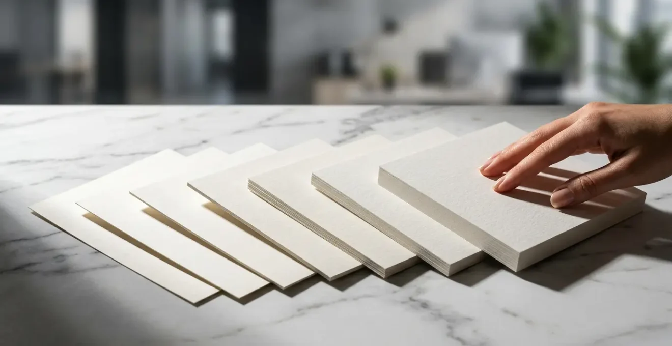 Comparaison tactile de différents papiers d'impression avec effet de lumière révélant les textures