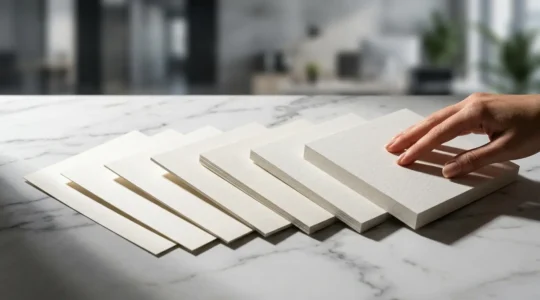 Comparaison tactile de différents papiers d'impression avec effet de lumière révélant les textures