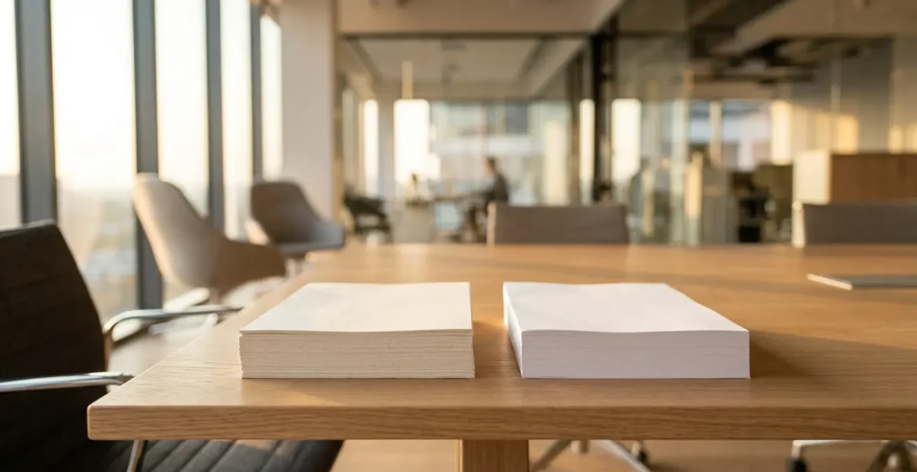 Comparaison visuelle de deux feuilles de papier avec indices de blancheur CIE différents dans un environnement de bureau professionnel