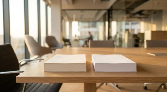 Comparaison visuelle de deux feuilles de papier avec indices de blancheur CIE différents dans un environnement de bureau professionnel