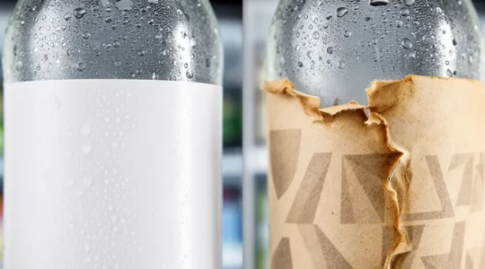 Étiquettes polypropylène et papier sur bouteilles réfrigérées avec gouttelettes de condensation