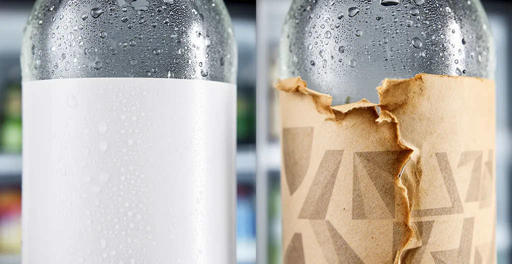 Étiquettes polypropylène et papier sur bouteilles réfrigérées avec gouttelettes de condensation
