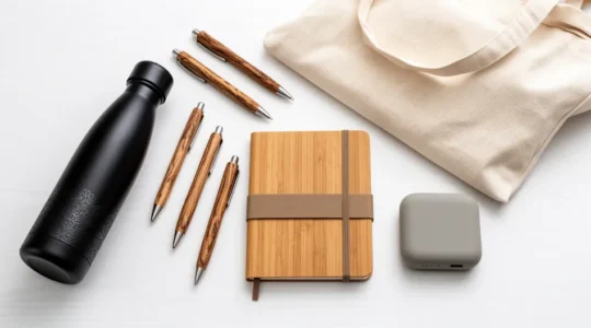 Composition élégante d'objets publicitaires durables incluant gourdes et stylos recyclés posés sur un bureau moderne