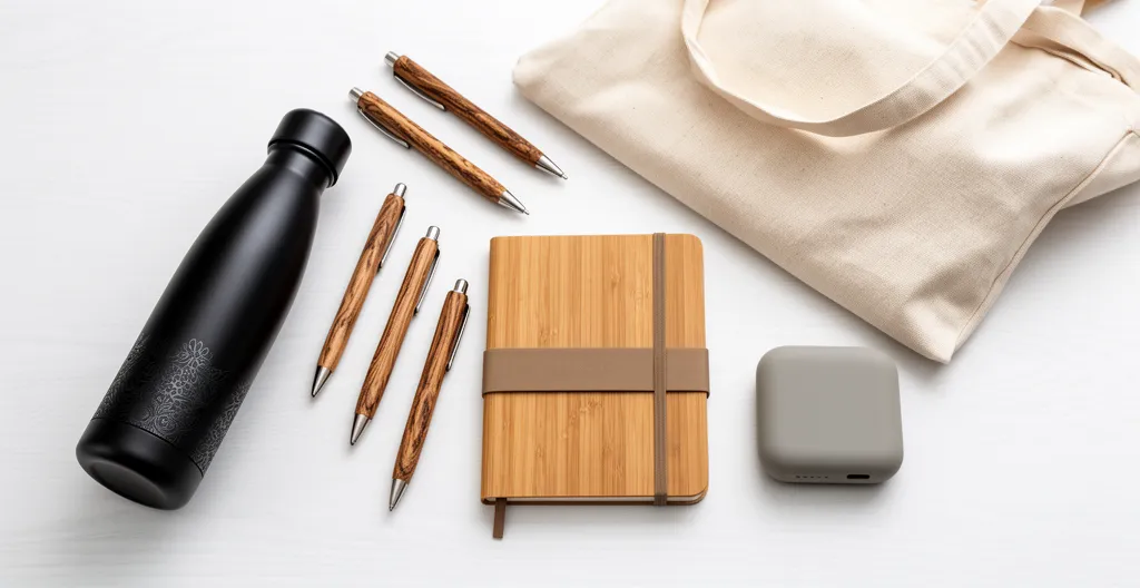 Composition élégante d'objets publicitaires durables incluant gourdes et stylos recyclés posés sur un bureau moderne