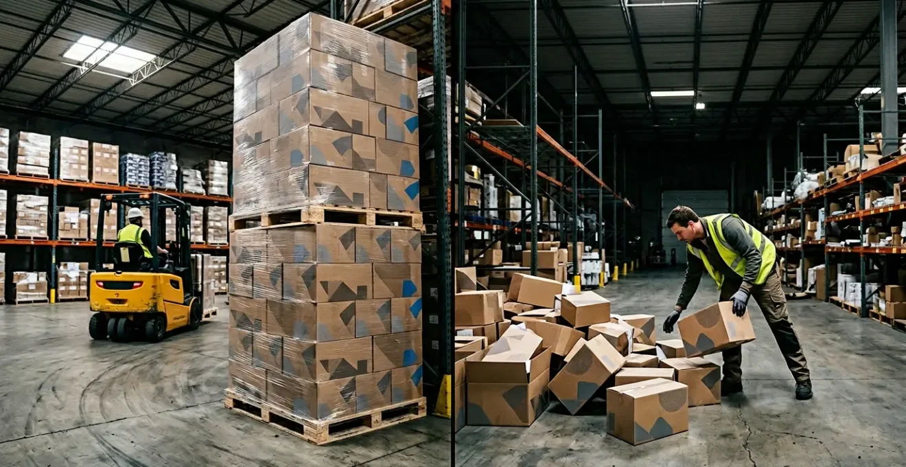 Vue comparative entre une palette de papier empilée et des cartons individuels dans un entrepôt de bureau professionnel