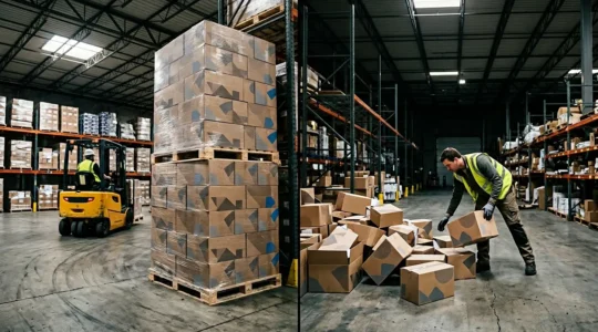 Vue comparative entre une palette de papier empilée et des cartons individuels dans un entrepôt de bureau professionnel