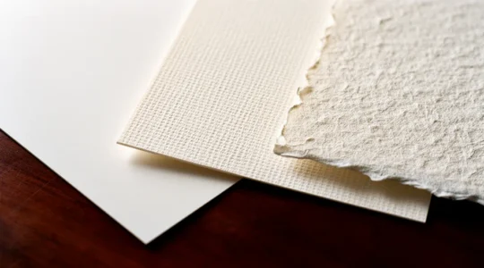 Vue en gros plan de différents échantillons de papiers Fine Art disposés en éventail sur une surface sombre, montrant leurs textures distinctes sous un éclairage latéral dramatique