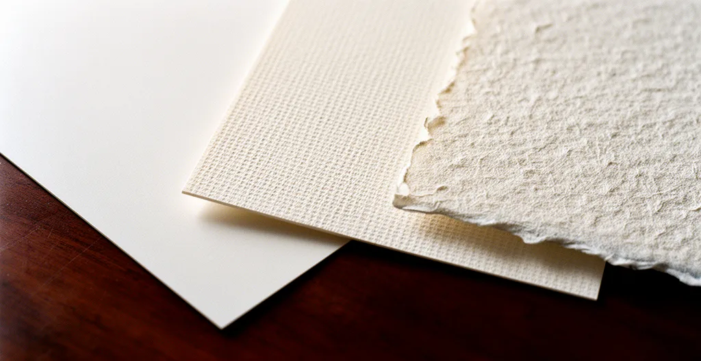 Vue en gros plan de différents échantillons de papiers Fine Art disposés en éventail sur une surface sombre, montrant leurs textures distinctes sous un éclairage latéral dramatique