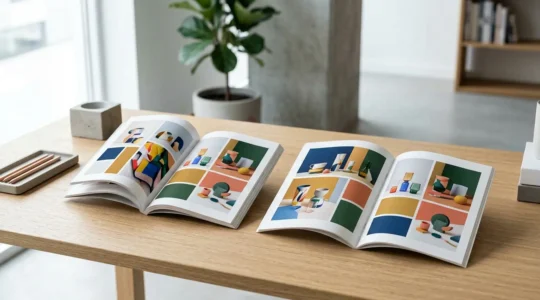 Comparaison visuelle entre reliure dos carré collé et piqué pour catalogue d'impression professionnel