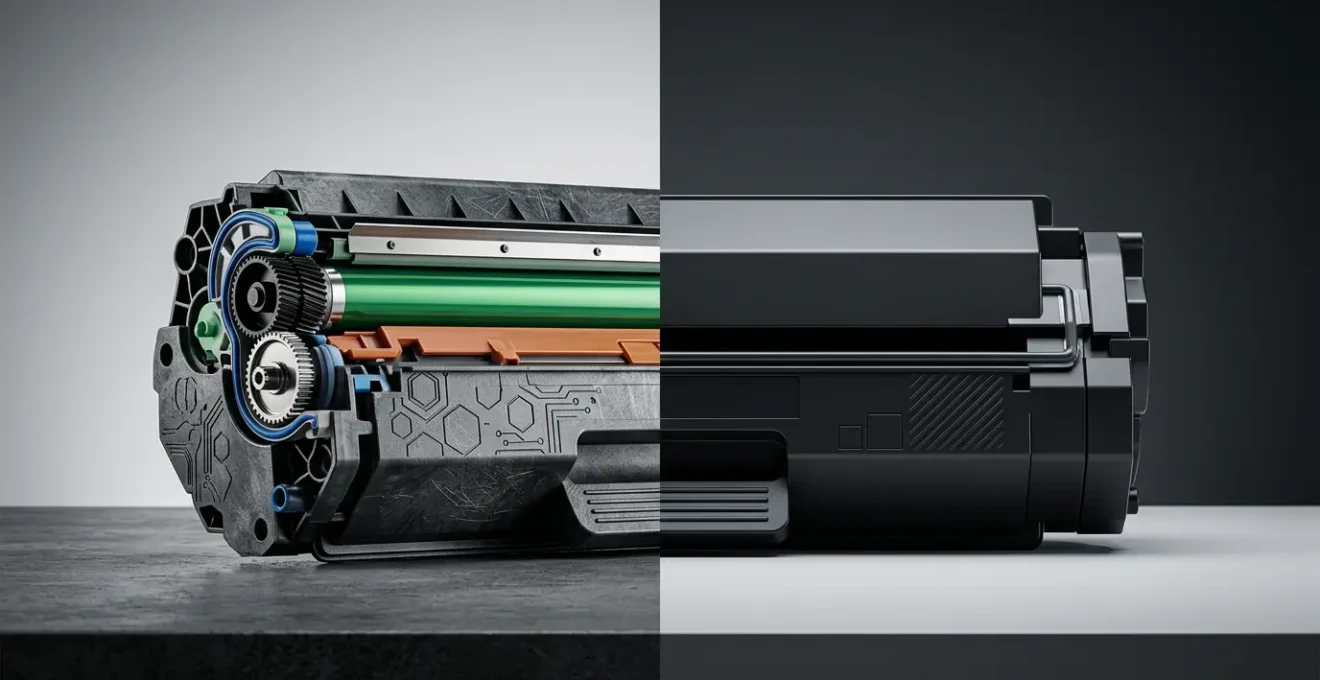 Comparaison visuelle entre cartouches de toner remanufacturées et génériques pour imprimantes laser