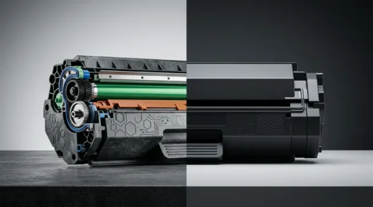 Comparaison visuelle entre cartouches de toner remanufacturées et génériques pour imprimantes laser