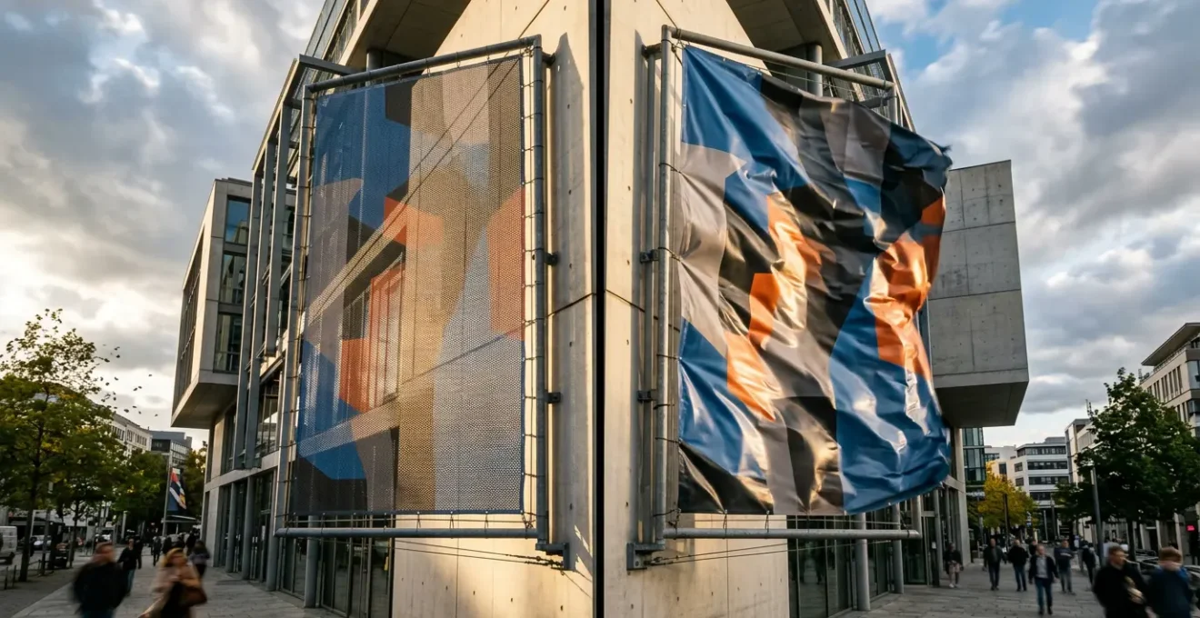 Comparaison visuelle entre une bâche mesh et une bâche PVC face au vent sur une façade de bâtiment