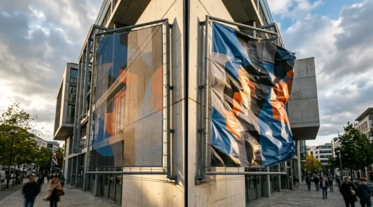 Comparaison visuelle entre une bâche mesh et une bâche PVC face au vent sur une façade de bâtiment