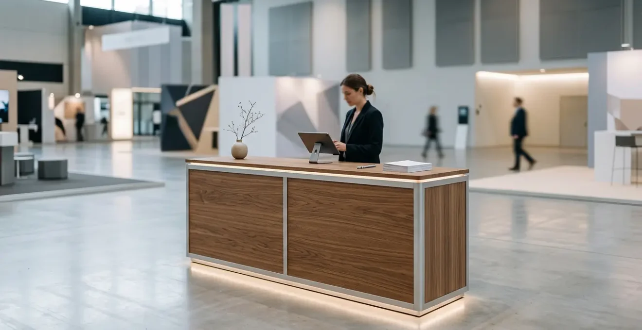Comptoir d'accueil moderne avec espace de rangement verrouillable et éclairage LED intégré dans un environnement de salon professionnel