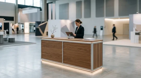 Comptoir d'accueil moderne avec espace de rangement verrouillable et éclairage LED intégré dans un environnement de salon professionnel