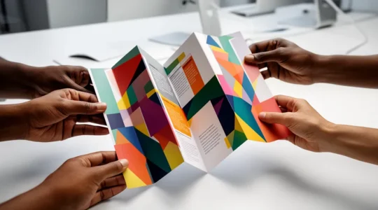 Personne tenant un dépliant 3 volets ouvert dans un environnement de bureau lumineux