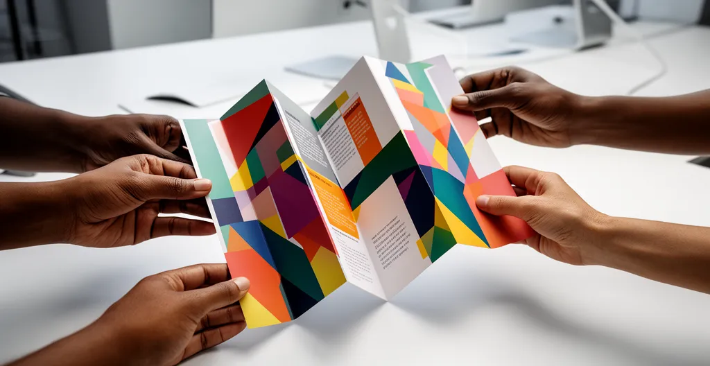 Personne tenant un dépliant 3 volets ouvert dans un environnement de bureau lumineux