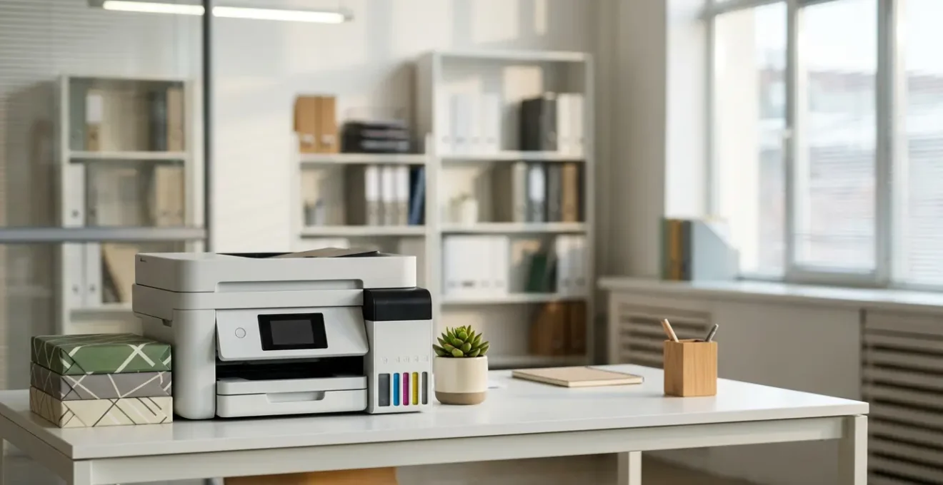 Bureau moderne avec imprimante professionnelle et réservoirs d'encre écologiques dans un environnement de travail épuré