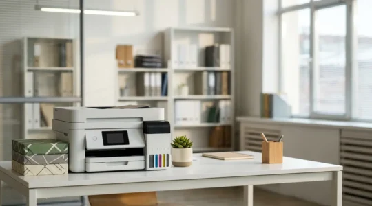 Bureau moderne avec imprimante professionnelle et réservoirs d'encre écologiques dans un environnement de travail épuré