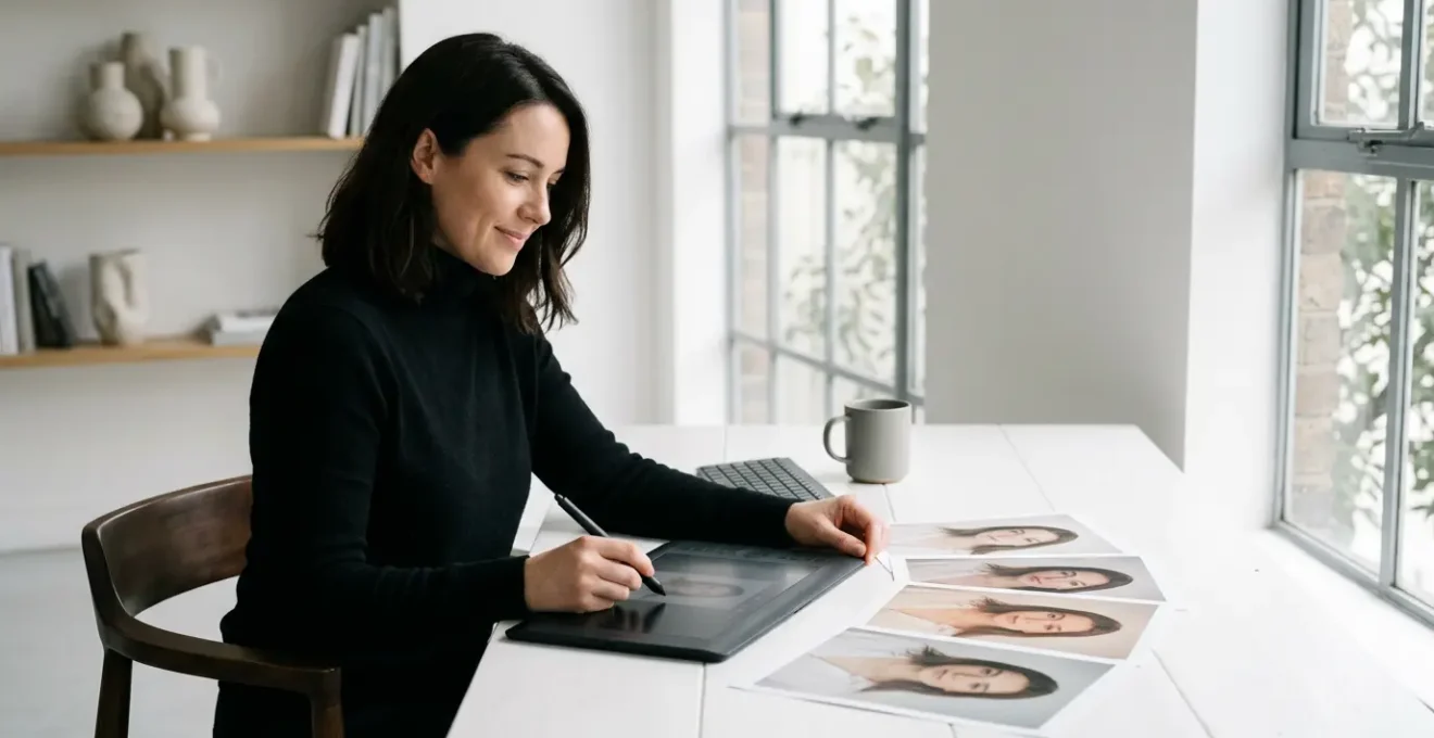 Photographe professionnelle travaillant sur une tablette graphique avec des échantillons de photographies montrant différents niveaux de retouche, dans un studio lumineux