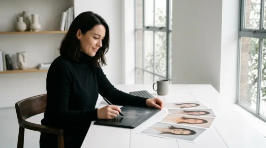 Photographe professionnelle travaillant sur une tablette graphique avec des échantillons de photographies montrant différents niveaux de retouche, dans un studio lumineux