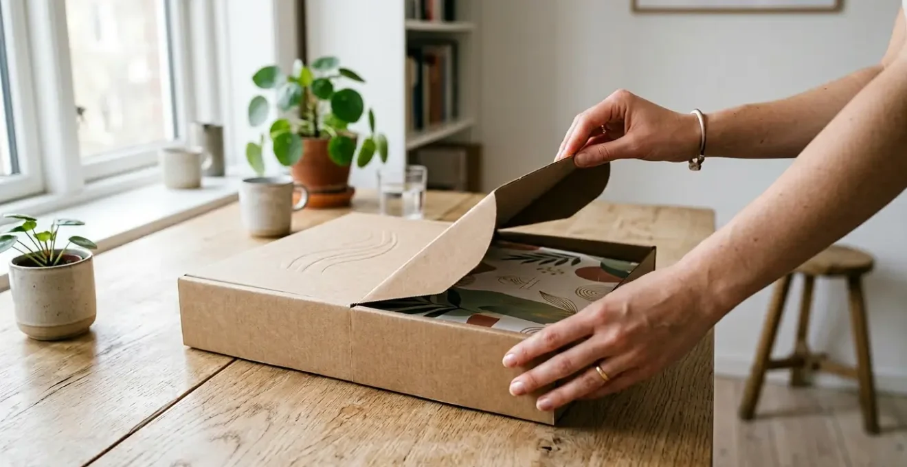 Ouverture d'un colis e-commerce avec emballage premium et personnalisé révélant l'intérieur imprimé