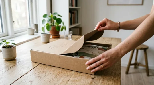 Ouverture d'un colis e-commerce avec emballage premium et personnalisé révélant l'intérieur imprimé