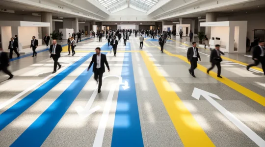 Vue aérienne d'un grand hall événementiel avec système de marquage au sol directionnel et visiteurs suivant les chemins colorés