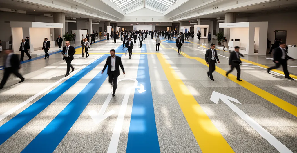 Vue aérienne d'un grand hall événementiel avec système de marquage au sol directionnel et visiteurs suivant les chemins colorés