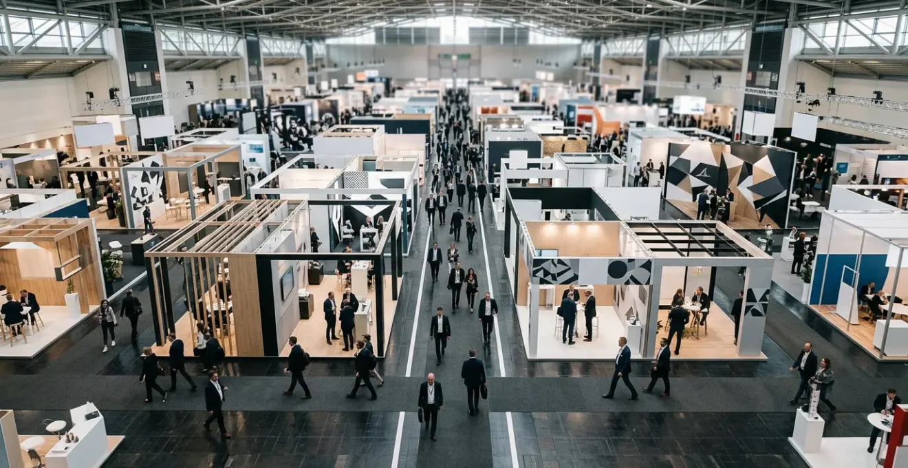 Vue aérienne d'un salon professionnel montrant la circulation fluide des visiteurs entre les stands