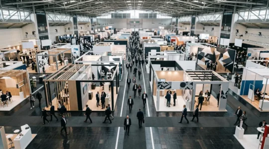 Vue aérienne d'un salon professionnel montrant la circulation fluide des visiteurs entre les stands