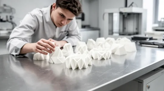 Vue panoramique d'un atelier moderne d'impression 3D avec ingénieur analysant des prototypes industriels complexes