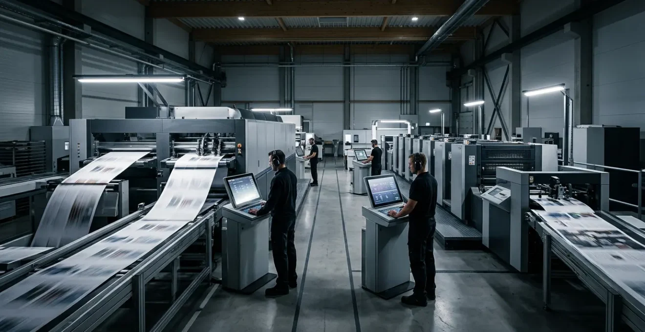 Vue dynamique d'un atelier d'impression moderne avec presses numériques haute vitesse en action