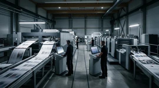 Vue dynamique d'un atelier d'impression moderne avec presses numériques haute vitesse en action