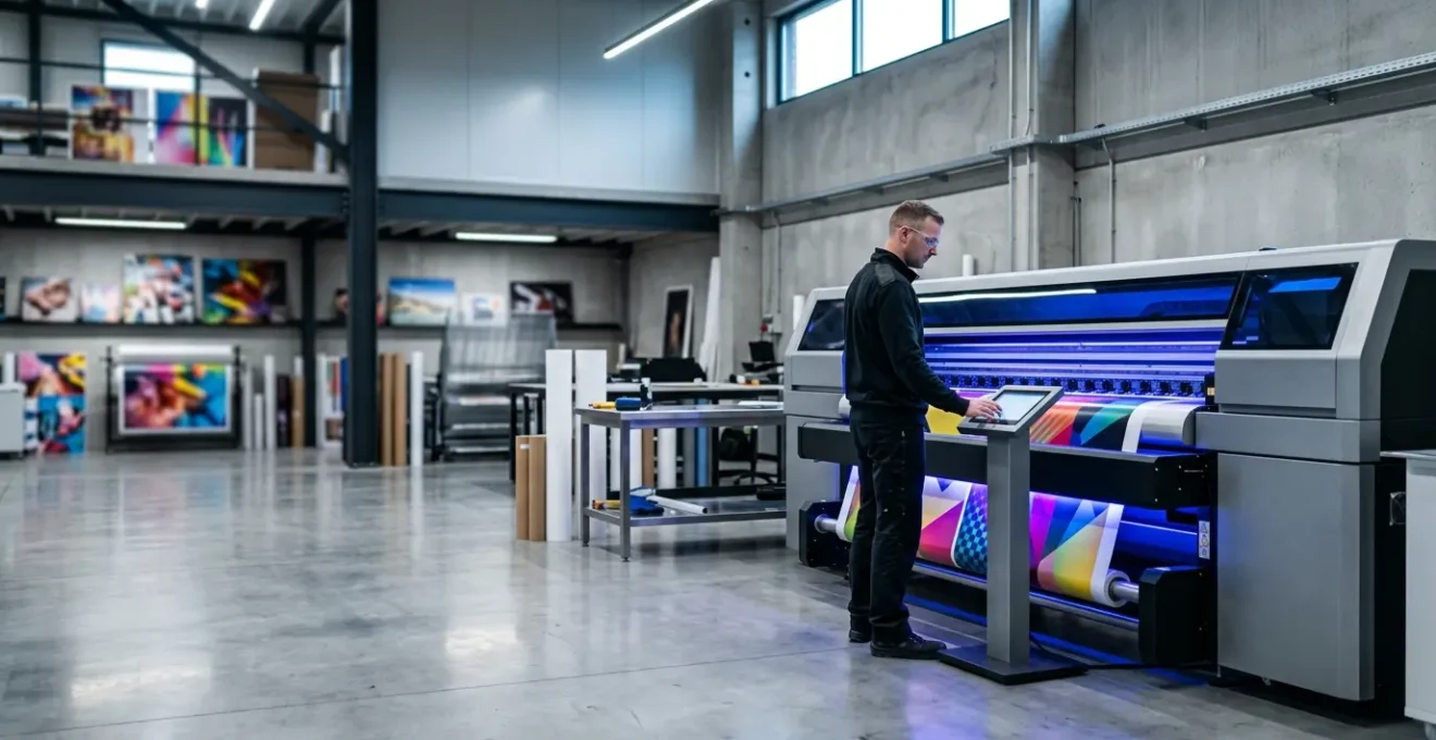 Atelier d'impression moderne équipé de technologie UV LED montrant un opérateur supervisiant la production avec des impressions haute qualité en arrière-plan