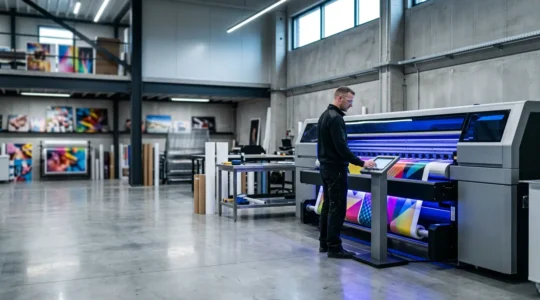 Atelier d'impression moderne équipé de technologie UV LED montrant un opérateur supervisiant la production avec des impressions haute qualité en arrière-plan