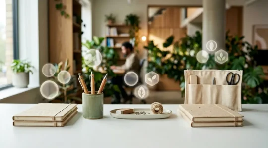 Comparaison visuelle de labels écologiques sur des fournitures de bureau dans un environnement professionnel moderne