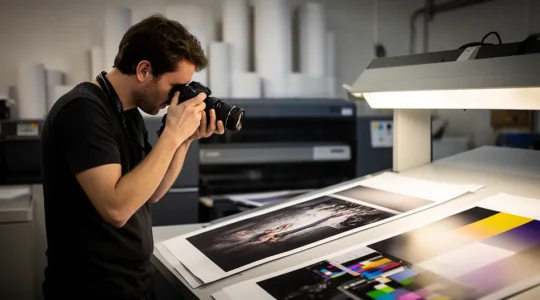Photographe professionnel examinant des tirages photos sous lumière calibrée dans un laboratoire d'impression photo