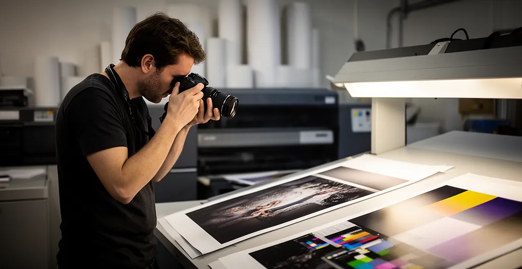 Photographe professionnel examinant des tirages photos sous lumière calibrée dans un laboratoire d'impression photo